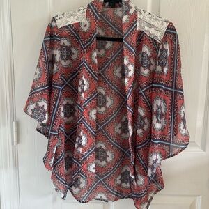 JMK Red Blue Geometric Kimono Blouse Boho Lightweight XS